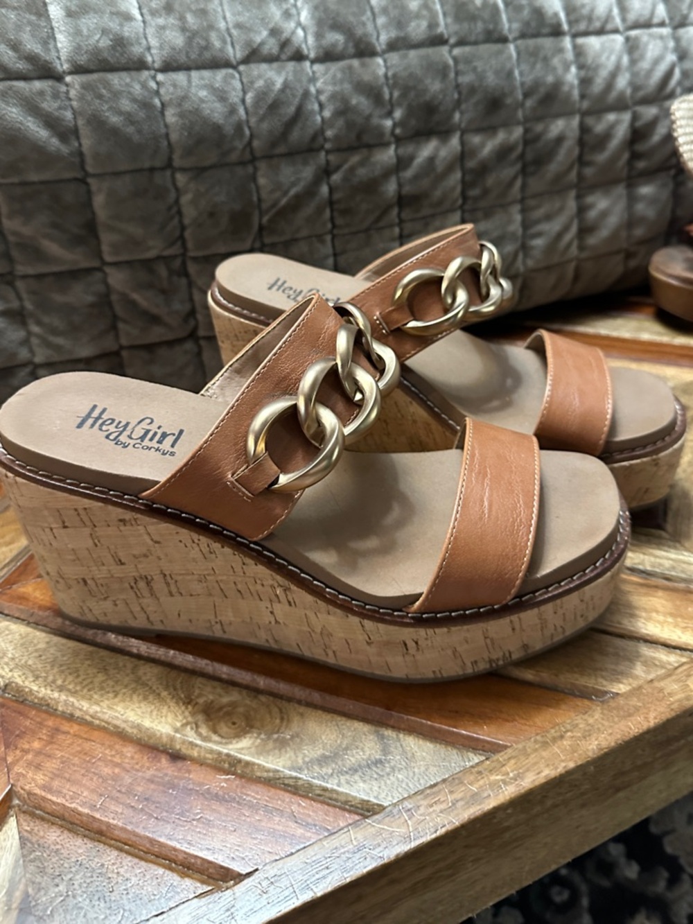 Hey Girl Tan Cork Wedge Sandals with Gold Chain Accent